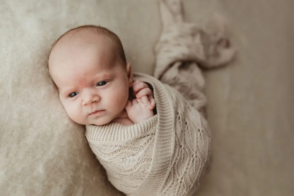 newborn baby swaddled using timeless earthy tones.