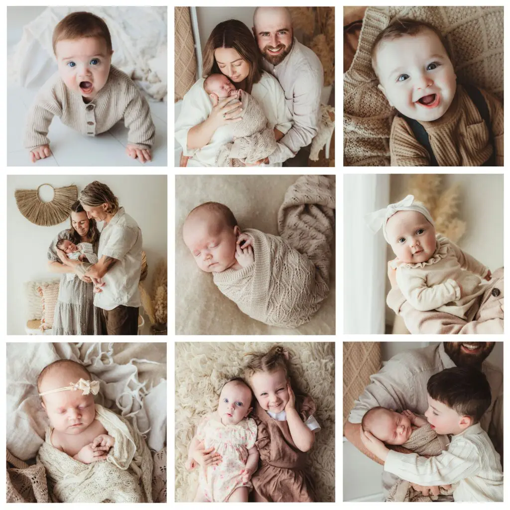 A 9-photo collage from family shoots, showcasing how whites, creams, and browns create a cohesive, professional newborn album
